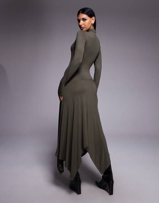 ASOS DESIGN - Vestito midi kaki con collo a imbuto e fondo a fazzoletto, 2 di 4