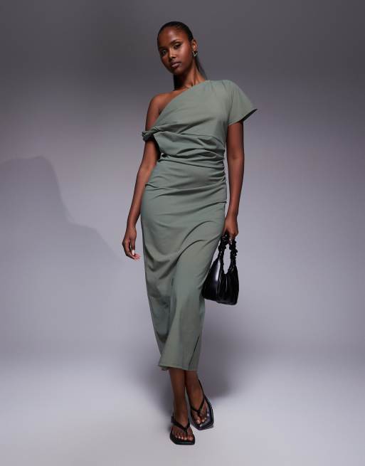 ASOS DESIGN - Vestito midi kaki con dettaglio intrecciato sulle spalle