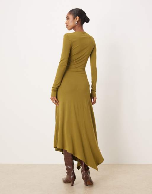 ASOS DESIGN - Vestito midi kaki con scollo attorcigliato e fondo asimmetrico, 3 di 4