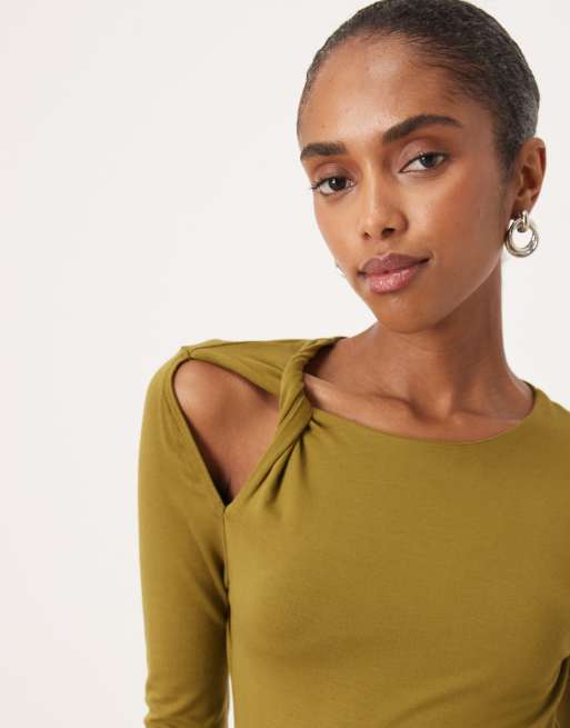 ASOS DESIGN - Vestito midi kaki con scollo attorcigliato e fondo asimmetrico, 4 di 4