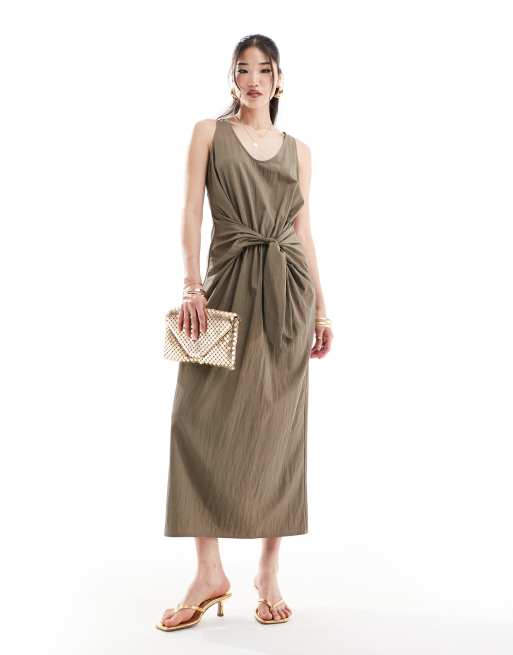 ASOS DESIGN - Vestito midi kaki con scollo rotondo allacciato sul davanti