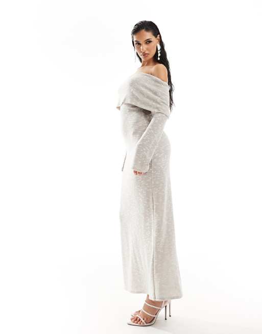 ASOS DESIGN - Vestito midi leggero color tortora a maniche lunghe testurizzato con scollo alla Bardot