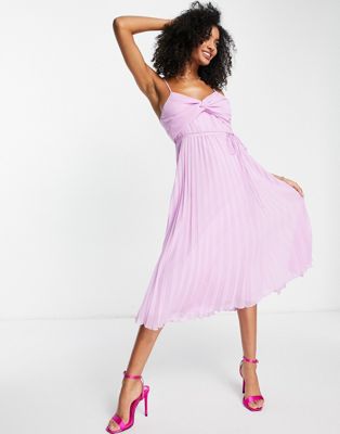 ASOS DESIGN twist front pleated cami midi dress with belt in lilac  - ASOS Price Checker