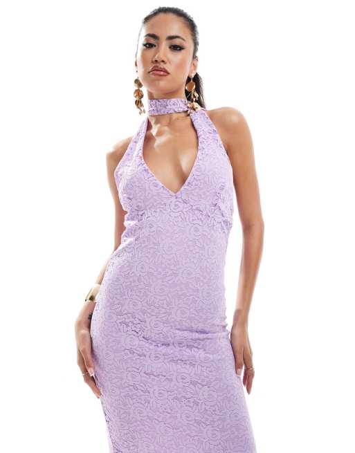 ASOS DESIGN Vestito midi lilla allacciato al collo in pizzo ASOS