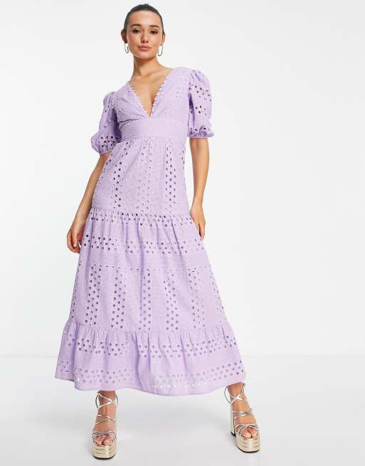 ASOS DESIGN - Vestito midi lilla in pizzo a balze con scollo profondo e bottoni