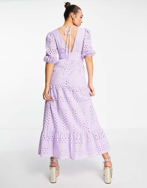 ASOS DESIGN - Vestito midi lilla in pizzo a balze con scollo profondo e bottoni, 2 di 4