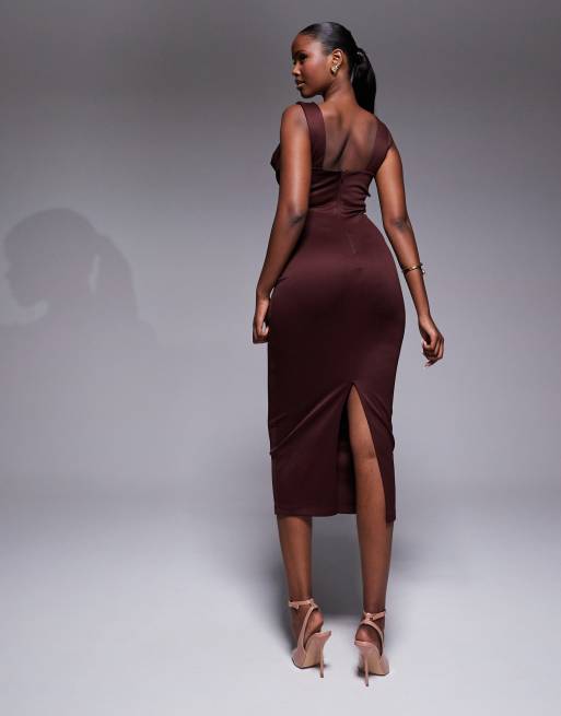 ASOS DESIGN - Vestito midi longuette color cioccolato con corpino a pieghe e scollo squadrato, 2 di 4