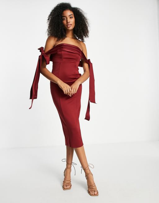 ASOS DESIGN - Vestito midi longuette con spalle scoperte e laccetti in raso bordeaux