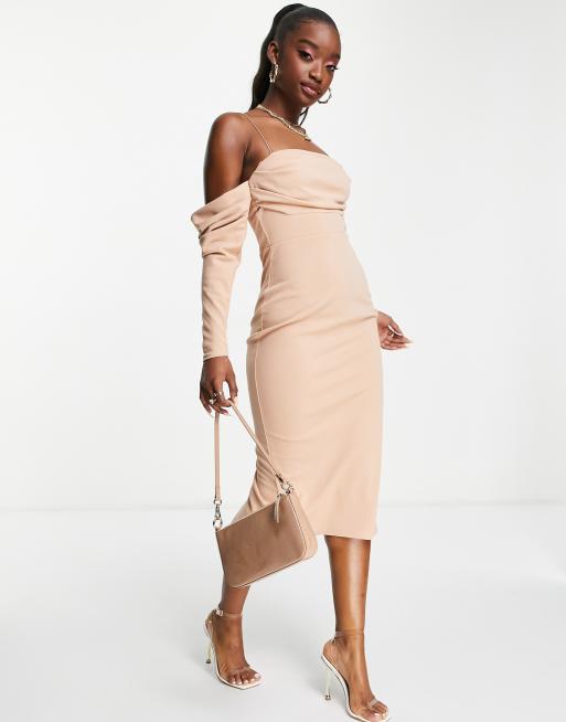 ASOS DESIGN - Vestito midi longuette drappeggiato con scollo Bardot, colore visone