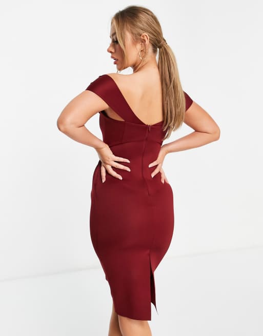 ASOS DESIGN - Vestito midi longuette drappeggiato rosso vino con scollo Bardot e corsetto, 2 di 4