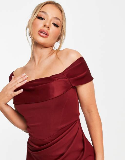 ASOS DESIGN - Vestito midi longuette drappeggiato rosso vino con scollo Bardot e corsetto, 4 di 4