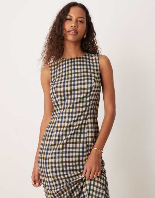 ASOS DESIGN - Vestito midi longuette sartoriale senza maniche con stampa a quadri, 3 di 4