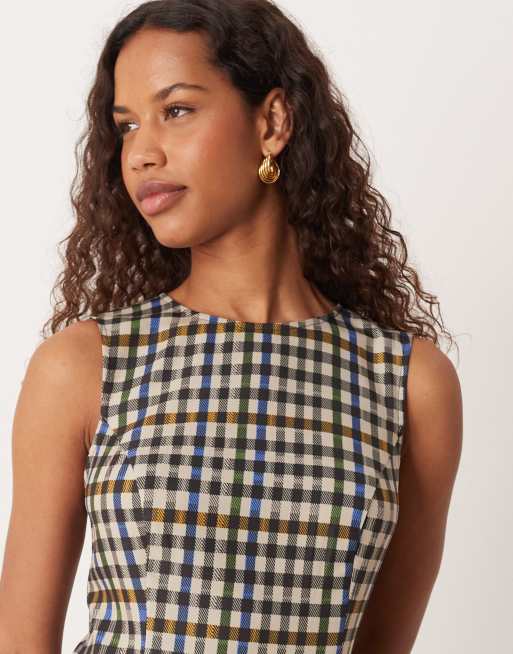 ASOS DESIGN - Vestito midi longuette sartoriale senza maniche con stampa a quadri, 4 di 4
