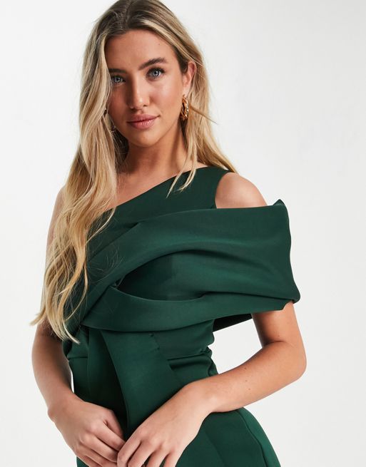 ASOS DESIGN - Vestito midi longuette verde bosco con spalla raccolta e cut-out, 3 di 4