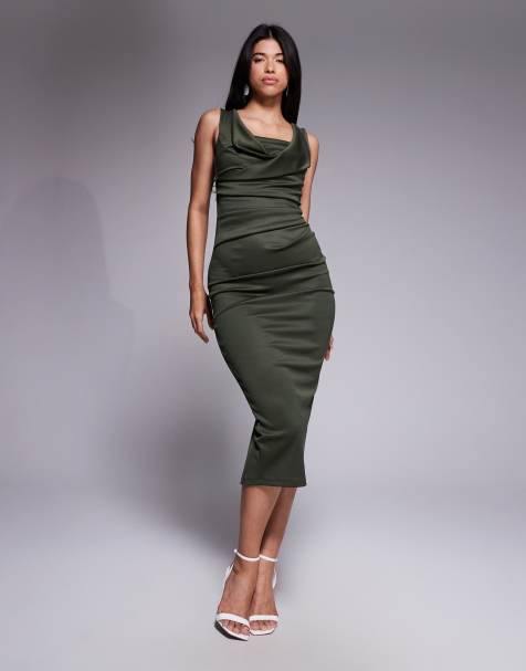 ASOS DESIGN - Vestito midi longuette verde con scollo squadrato e bustino a pieghe - view 1