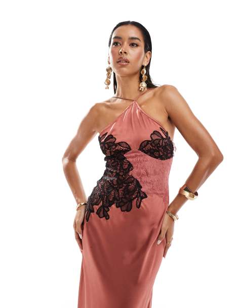 ASOS DESIGN - Vestito midi marrone allacciato al collo in misto pizzo, colore rosa - view 1
