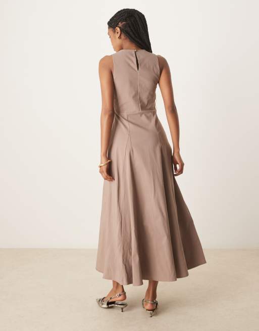 ASOS DESIGN - Vestito midi marrone mocha in bengalina senza maniche con vita stile corsetto, 4 di 4