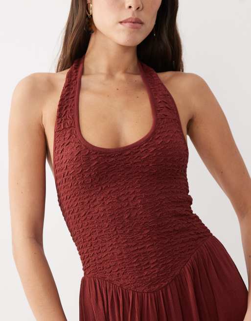 ASOS DESIGN - Vestito midi marrone stropicciato allacciato al collo, 2 di 4