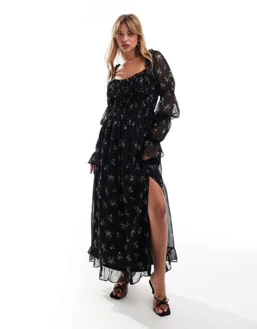 ASOS DESIGN - Vestito midi milkmaid a maniche lunghe arricciato in vita con stampa a fiori