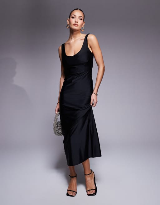 ASOS DESIGN - Vestito midi modellante in jersey con scollo rotondo e dettagli sul corpetto nero