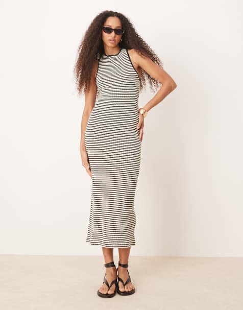ASOS DESIGN - Vestito midi monocromatico a righe all'uncinetto senza maniche con retro elasticizzato - view 1