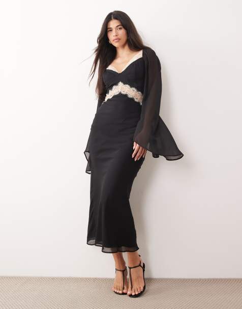 ASOS DESIGN - Vestito midi monocromatico con maniche drappeggiate in misto chiffon con dettagli applicati in pizzo - view 1