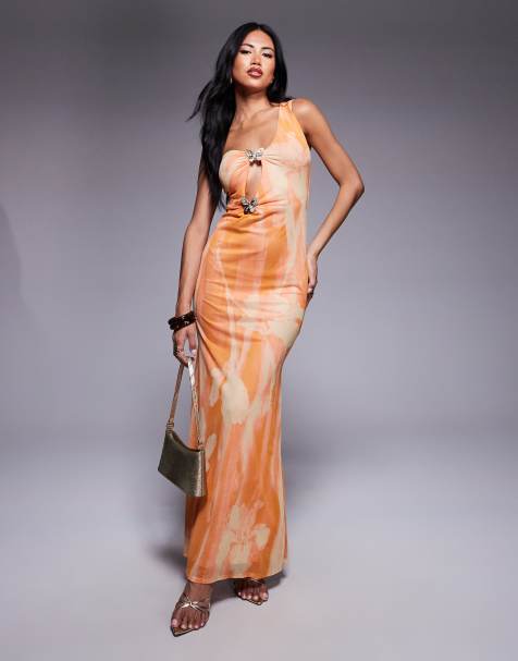 ASOS DESIGN - Vestito midi monospalla asimmetrico in rete con finiture dorate a forma di farfalla e stampa a fiori - view 1