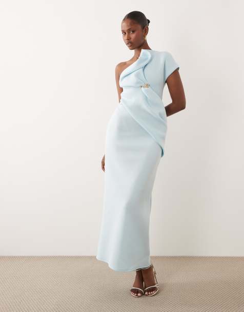 ASOS DESIGN - Vestito midi monospalla asimmetrico in tessuto stile scuba azzurro con finiture - view 1