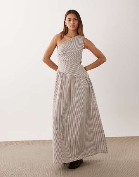 ASOS DESIGN - Vestito midi monospalla con fondo sceso e vita stretta con stampa a righe - view 1