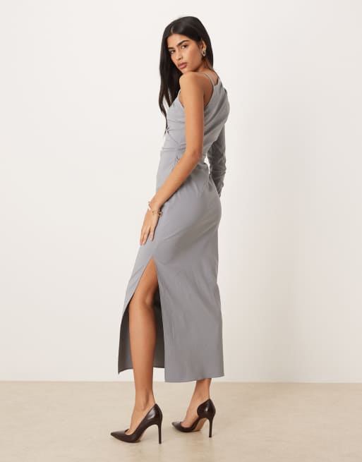 ASOS DESIGN - Vestito midi monospalla drappeggiato grigio, 2 di 4