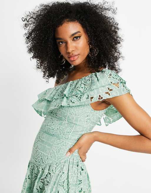 ASOS DESIGN - Vestito midi monospalla in pizzo color salvia , 3 di 4