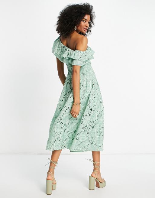 ASOS DESIGN - Vestito midi monospalla in pizzo color salvia , 4 di 4