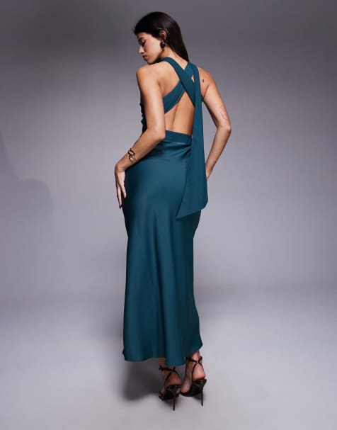 ASOS DESIGN - Vestito midi monospalla in raso blu navy con foulard al collo - view 1