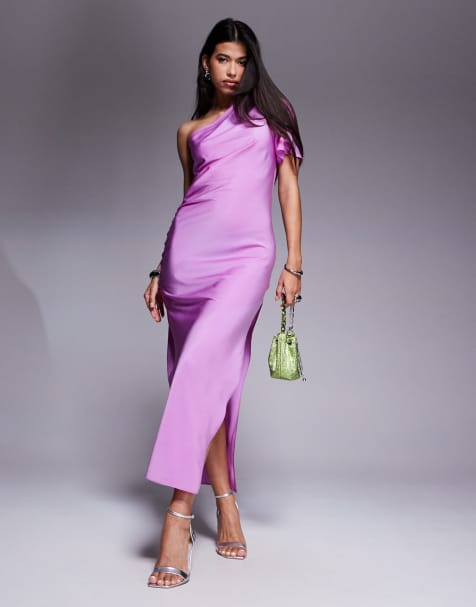 ASOS DESIGN - Vestito midi monospalla in raso color rosa lilla con maniche con volant - view 1