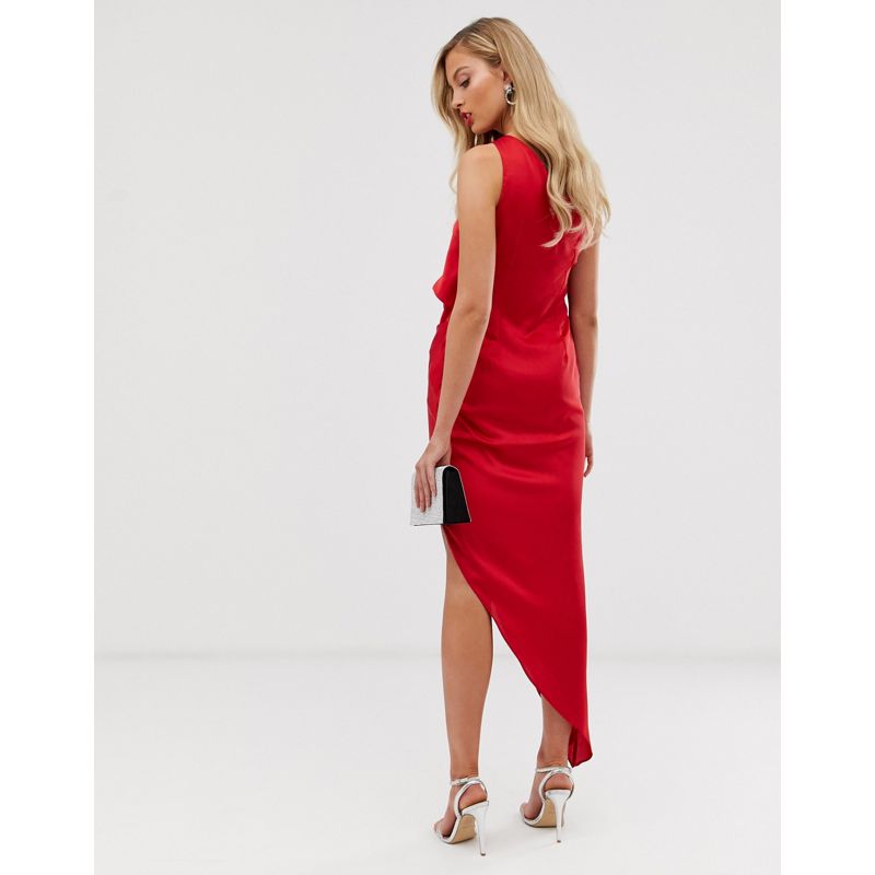 Donna nbSRf DESIGN - Vestito midi monospalla in raso rosso drappeggiato