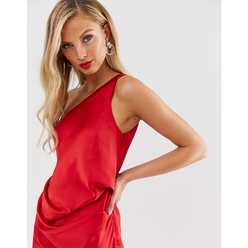 Donna nbSRf DESIGN - Vestito midi monospalla in raso rosso drappeggiato