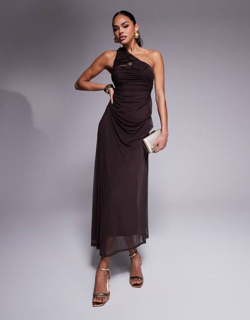 ASOS DESIGN - Vestito midi monospalla in rete color cioccolato con taglio decorativo sul davanti e gonna drappeggiata