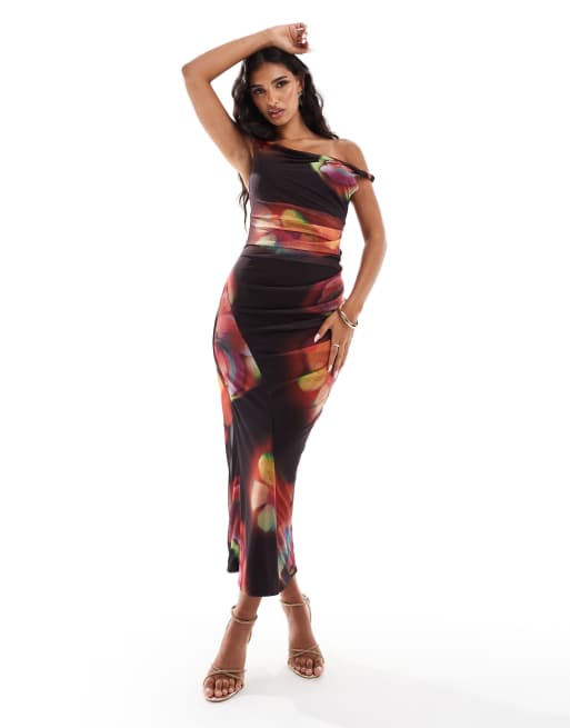 ASOS DESIGN - Vestito midi monospalla in rete con stampa a fiori e increspature, 2 di 4