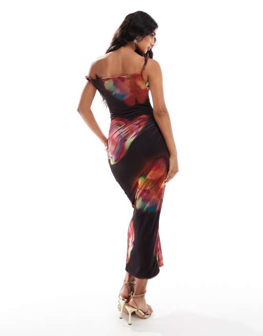 ASOS DESIGN - Vestito midi monospalla in rete con stampa a fiori e increspature, 4 di 4