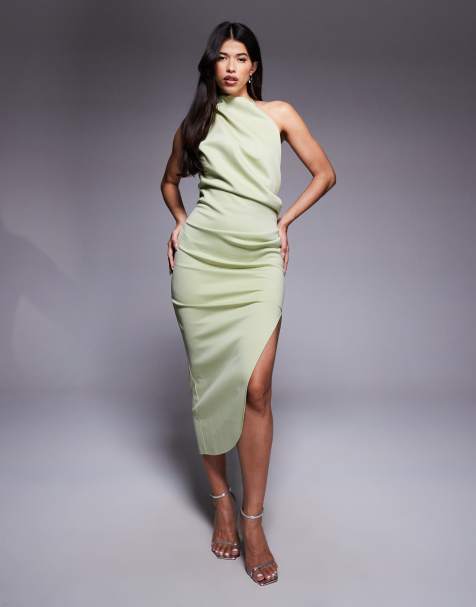 ASOS DESIGN - Vestito midi monospalla in tessuto effetto scuba color salvia - view 1