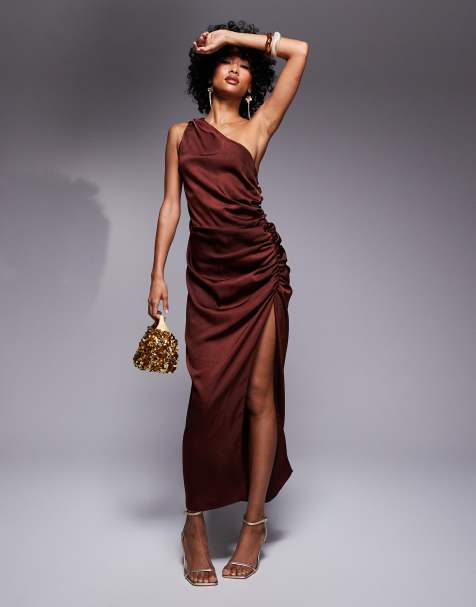 ASOS DESIGN - Vestito midi monospalla marrone cioccolato in raso con arricciatura laterale - view 1