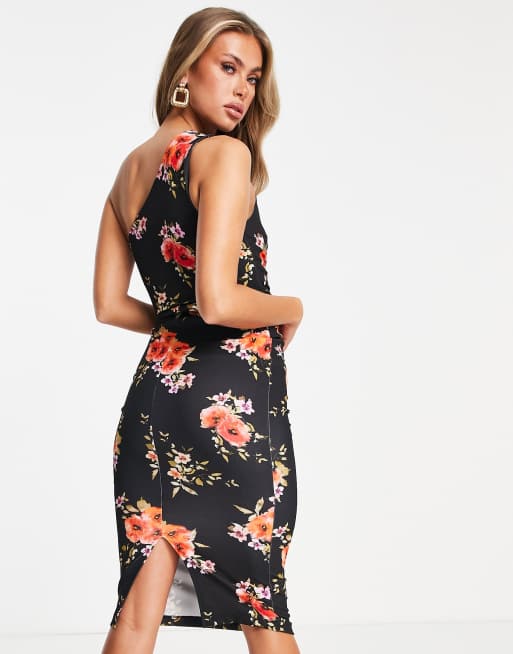 ASOS DESIGN - Vestito midi monospalla nero a fiori con nodo laterale, 2 di 4