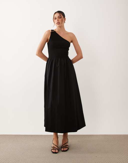 ASOS DESIGN - Vestito midi monospalla nero con finiture in metallo, 4 di 4