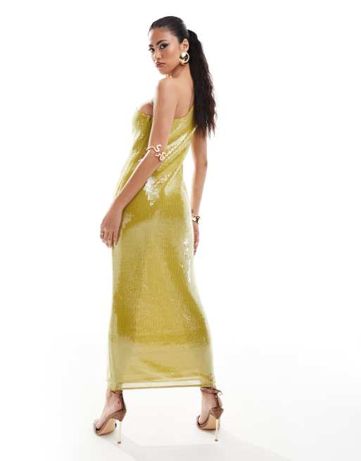 ASOS DESIGN - Vestito midi monospalla verde chartreuse trasparente con paillettes, 3 di 4