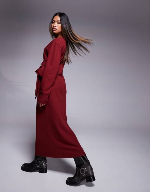 ASOS DESIGN - Vestito midi morbidissimo bordeaux allacciato sul davanti con scollo profondo, 4 di 4