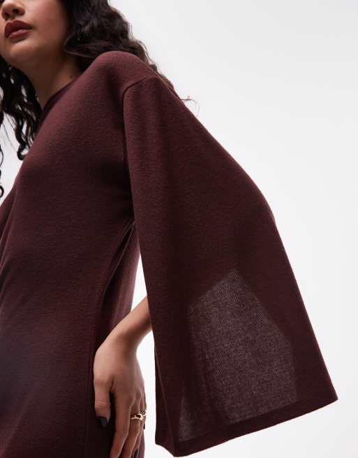 ASOS DESIGN - Vestito midi morbidissimo color cioccolato con maniche ampie e collo a imbuto, 2 di 4