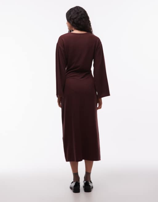 ASOS DESIGN - Vestito midi morbidissimo color cioccolato con maniche ampie e collo a imbuto, 3 di 4