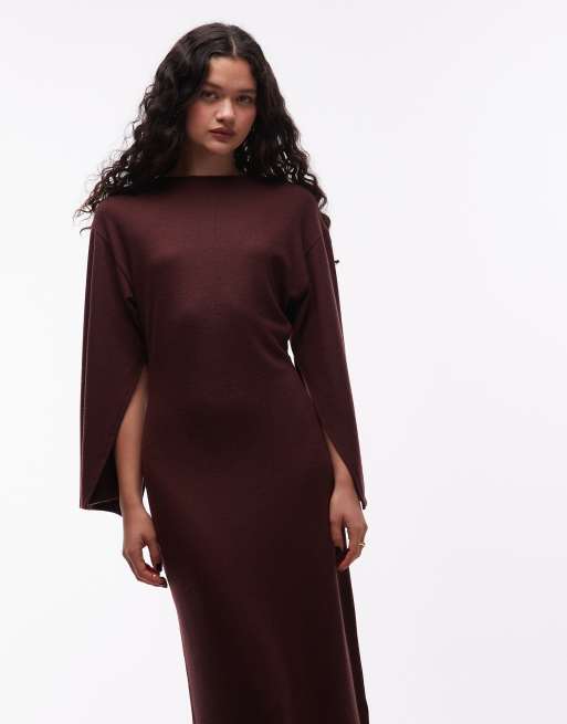 ASOS DESIGN - Vestito midi morbidissimo color cioccolato con maniche ampie e collo a imbuto, 4 di 4