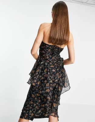 Vestito midi nero a fiori con bottoni, arricciature e morbidi volant-Multicolore - ASOS DESIGN  donna Multicolore - immagine1