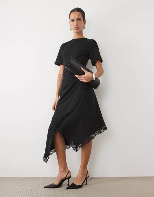 ASOS DESIGN vestito midi nero a maniche corte con dettagli in pizzo e taglio asimmetrico, 1 di 4